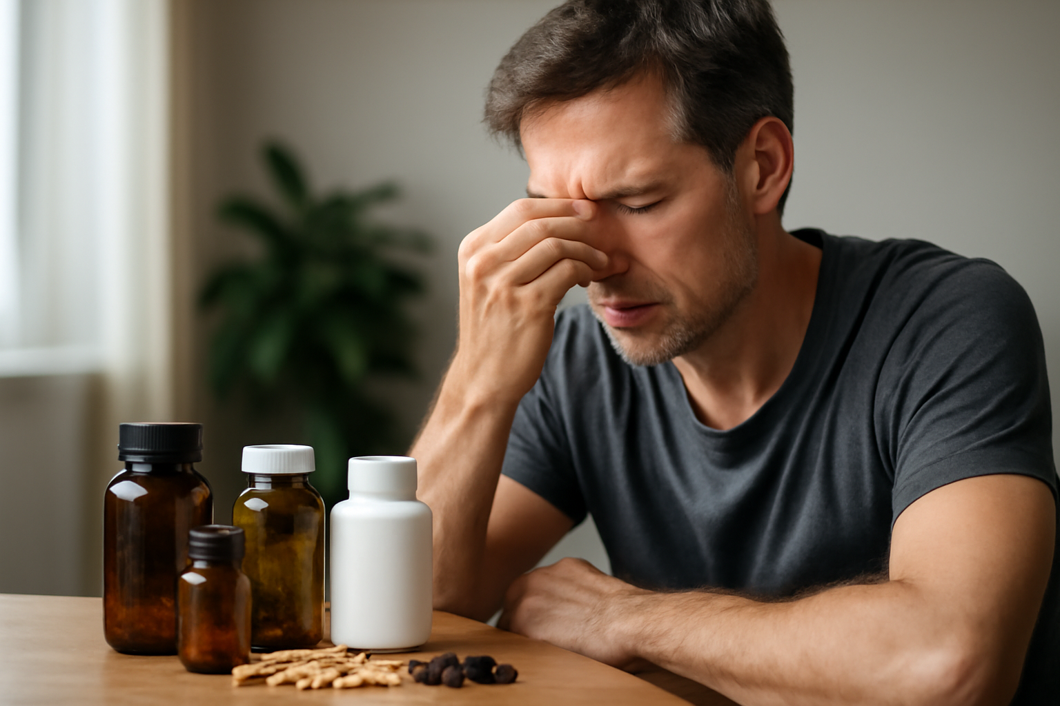 Man holding his nose and forehead near supplement bottles