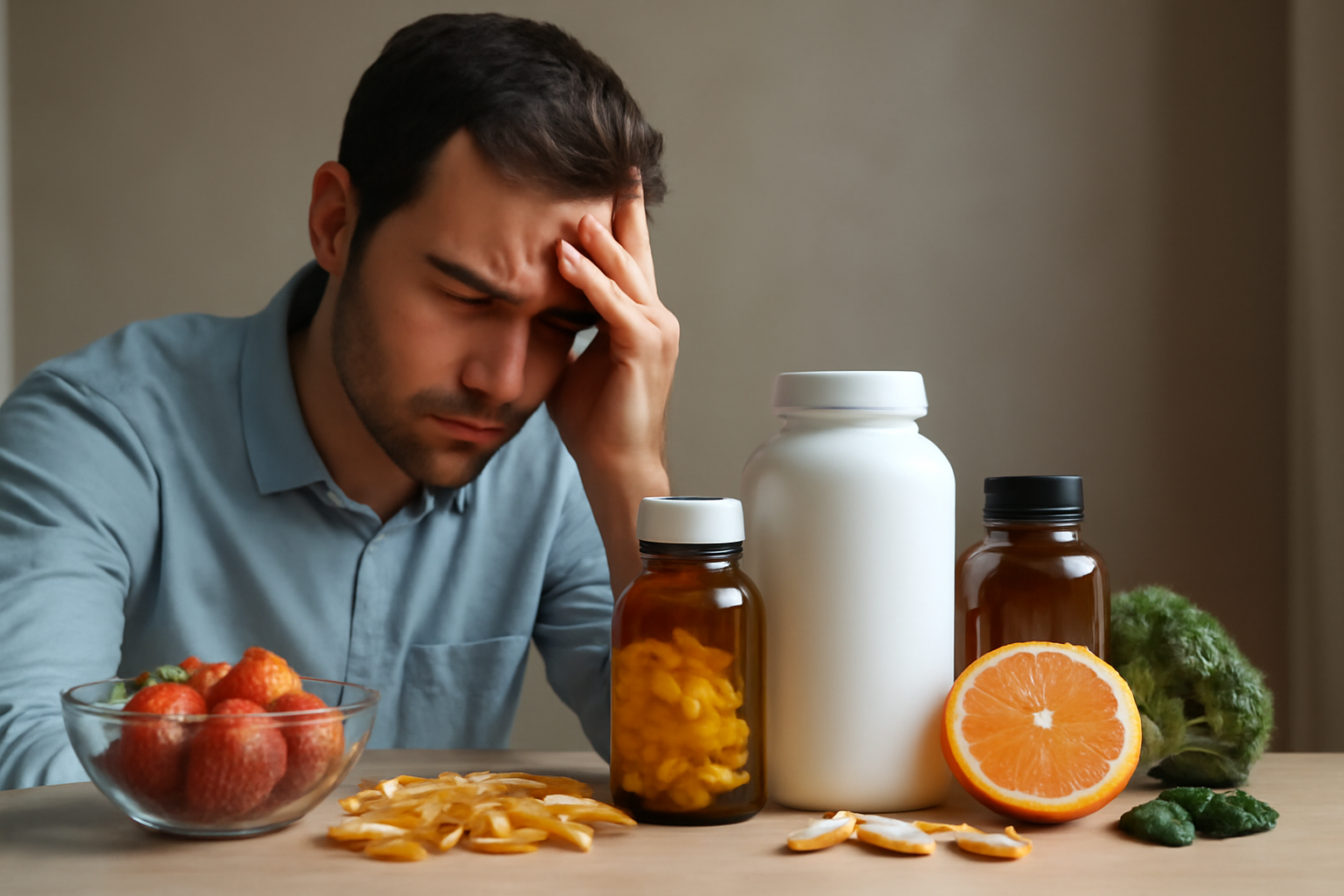 Man with headache sitting near vitamins and fresh fruits on table