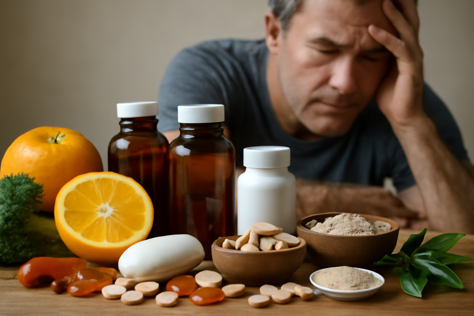 Man holding his head with stress next to vitamins and supplements