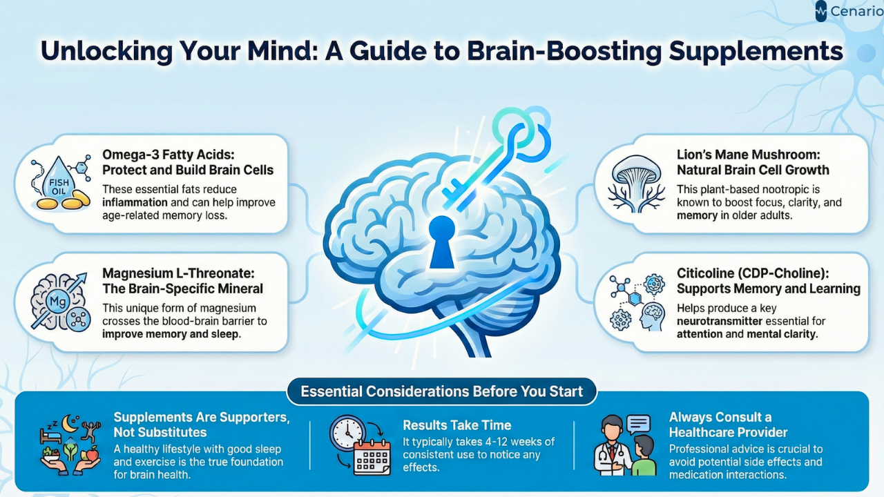 Graphic showing brain-boosting supplements and essential health tips