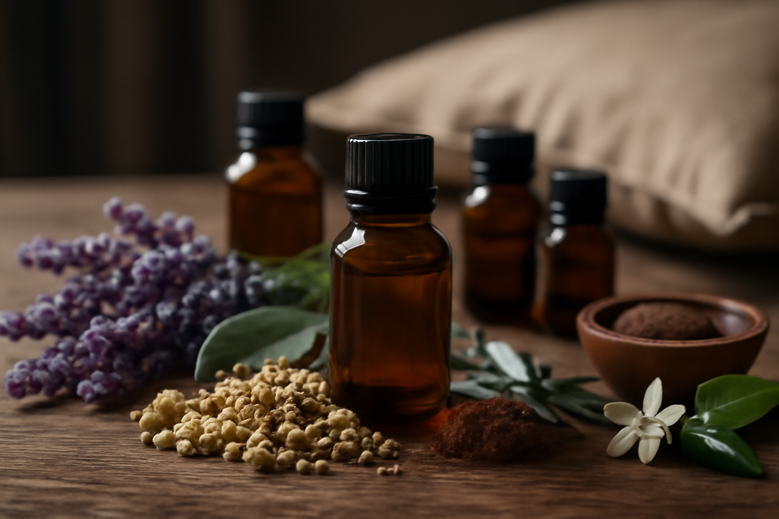 Amber bottles with essential oils and herbs on wooden surface