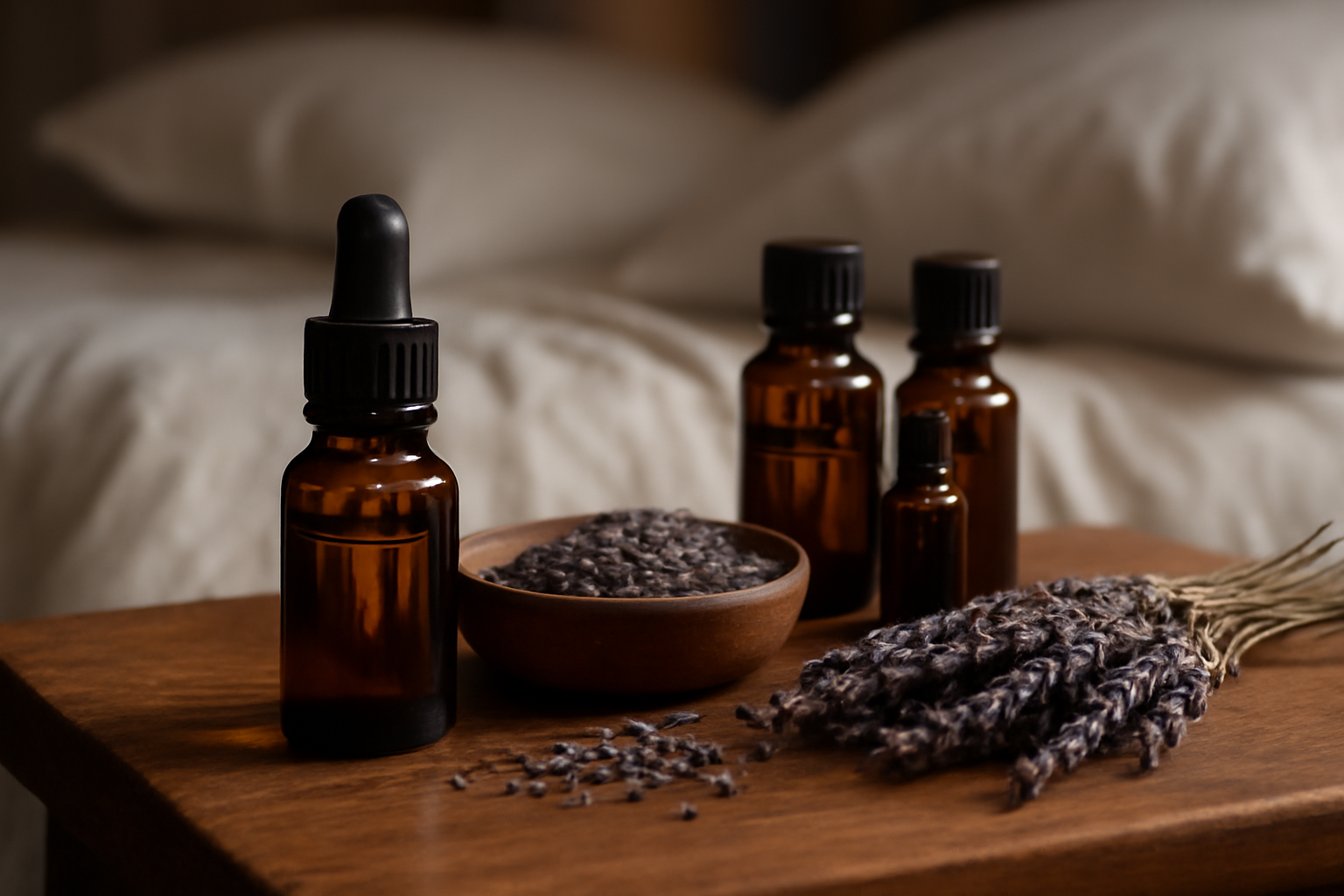 Amber essential oil bottles with dried lavender on wooden surface