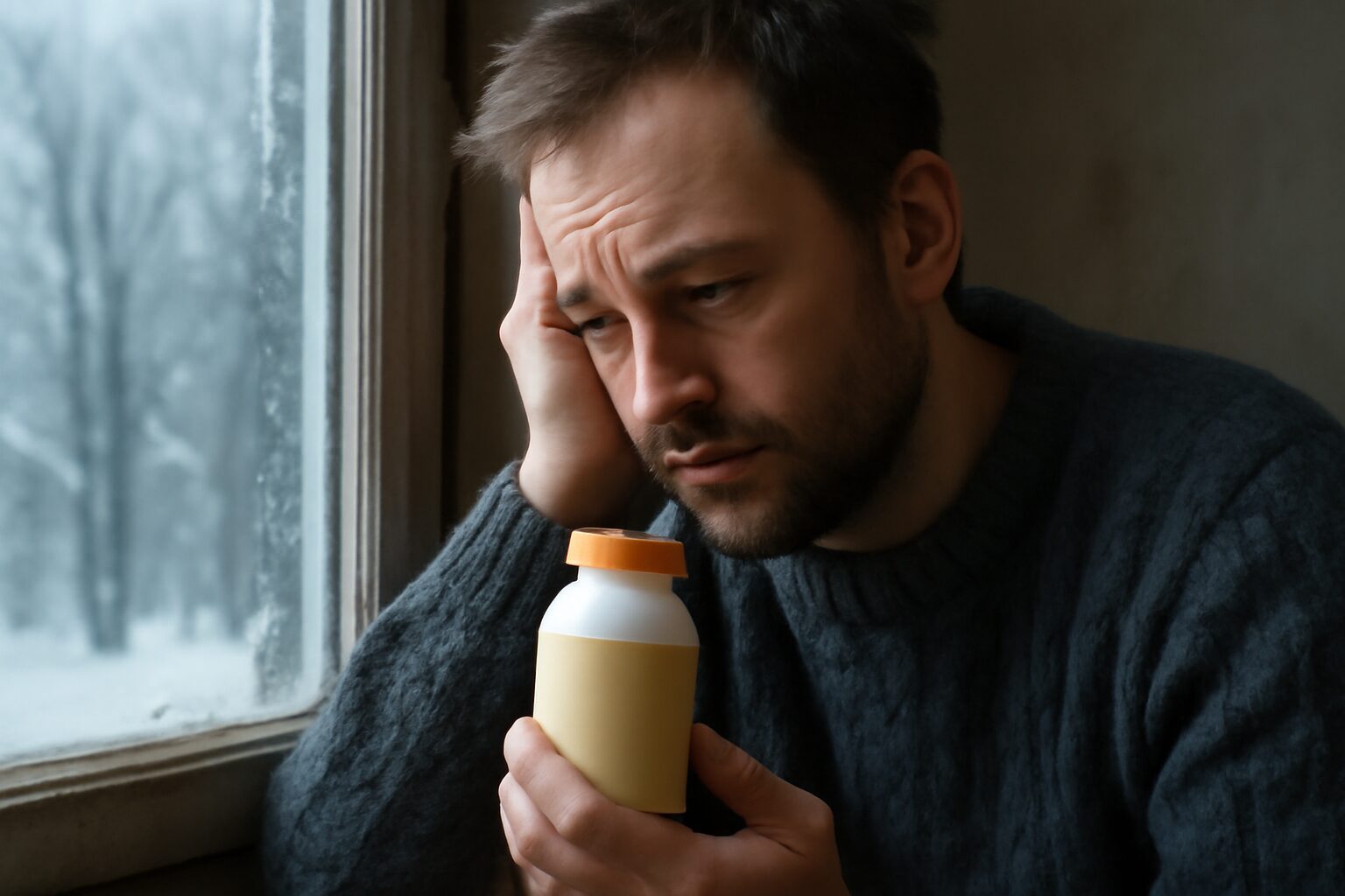 A woman sits by a window holding a vitamin D supplement bottle, seeking relief from winter depression caused by reduced sunlight exposure.