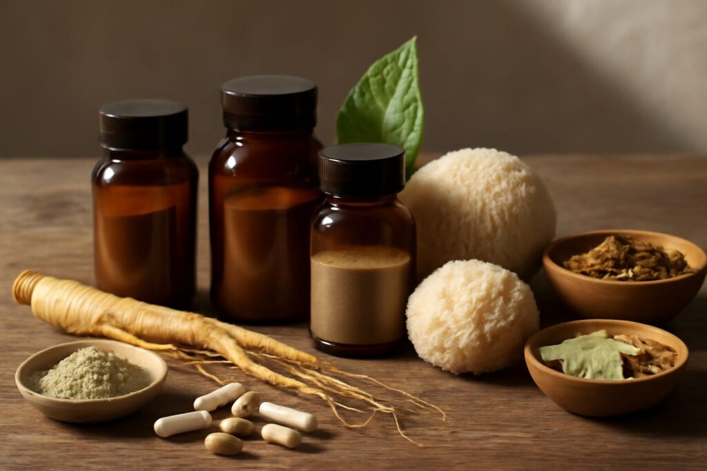 Bottles of natural supplements for focus and concentration, including ginkgo biloba, omega-3, and ginseng, arranged on a wooden table with capsules.
