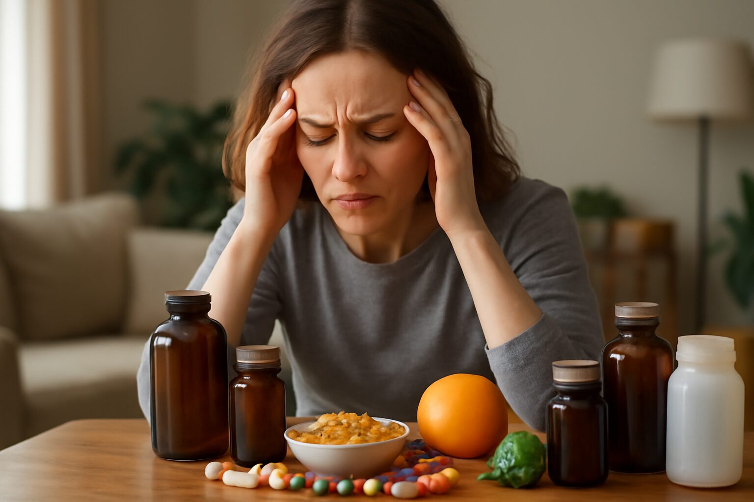 A selection of vitamins for stress relief, including vitamin B complex, vitamin C, and magnesium supplements, arranged on a wooden table with fresh fruits.
