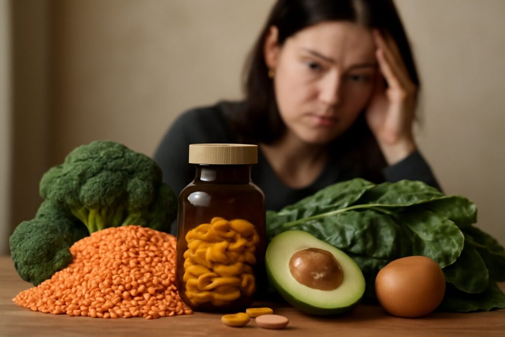 A bottle of folate supplements beside a notepad labeled "depression treatment," highlighting folate's potential role in managing depressive symptoms.
