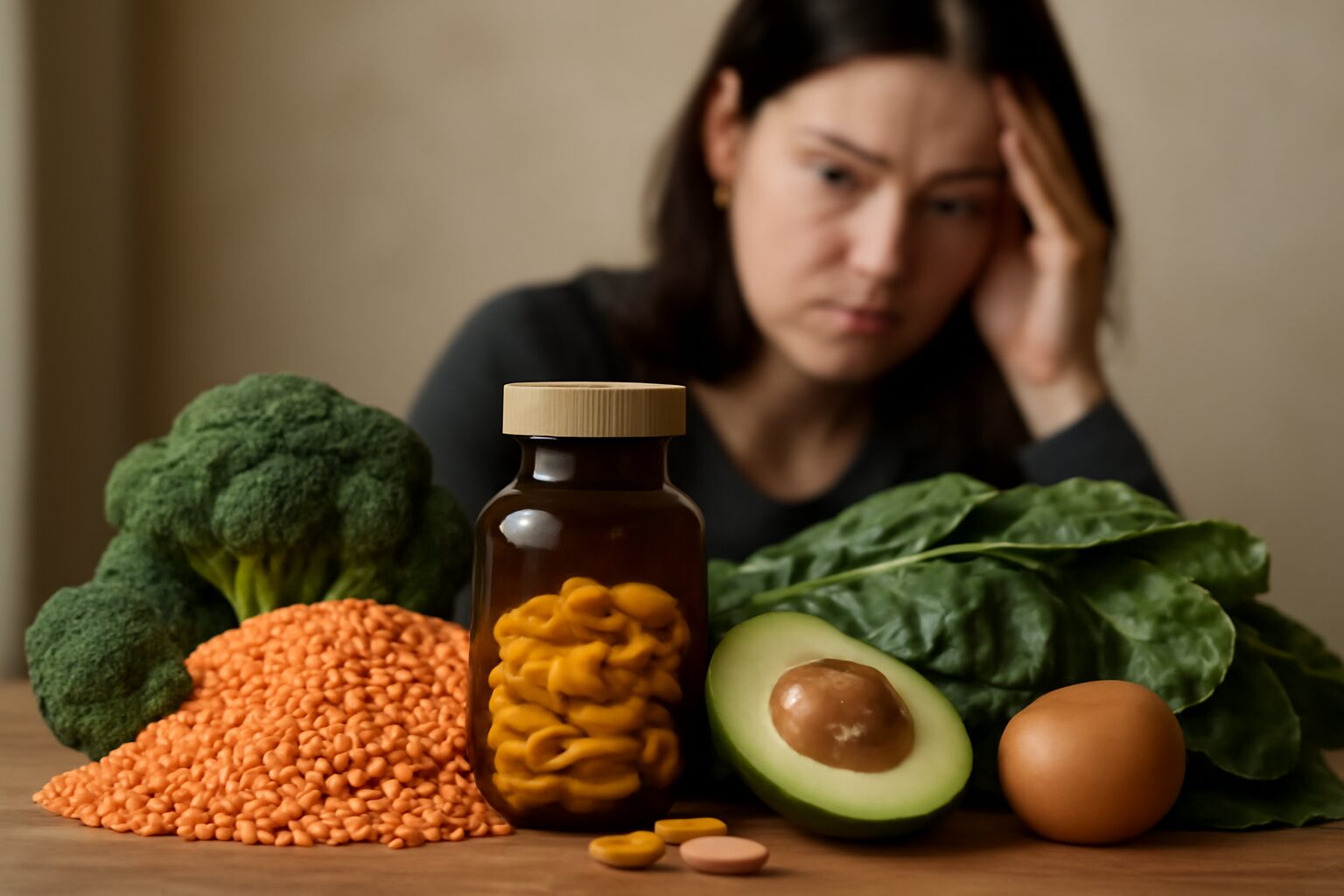 A bottle of folate supplements beside a notepad labeled "depression treatment," highlighting folate's potential role in managing depressive symptoms.