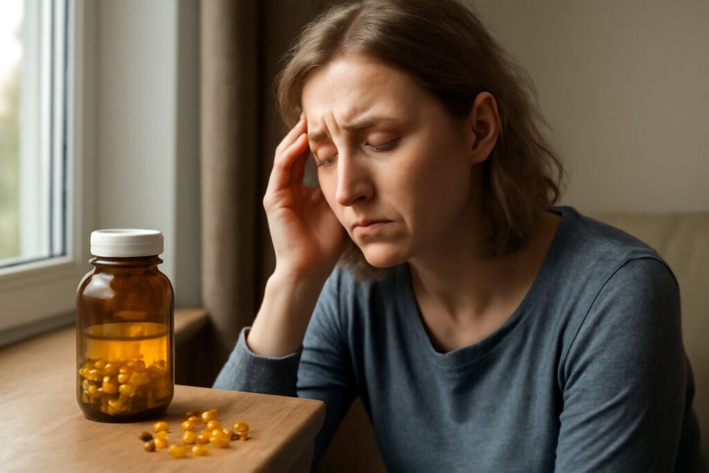 A bottle of vitamin D supplements with a label showing dosage instructions, highlighting recommended vitamin D dosage for managing symptoms of depression.
