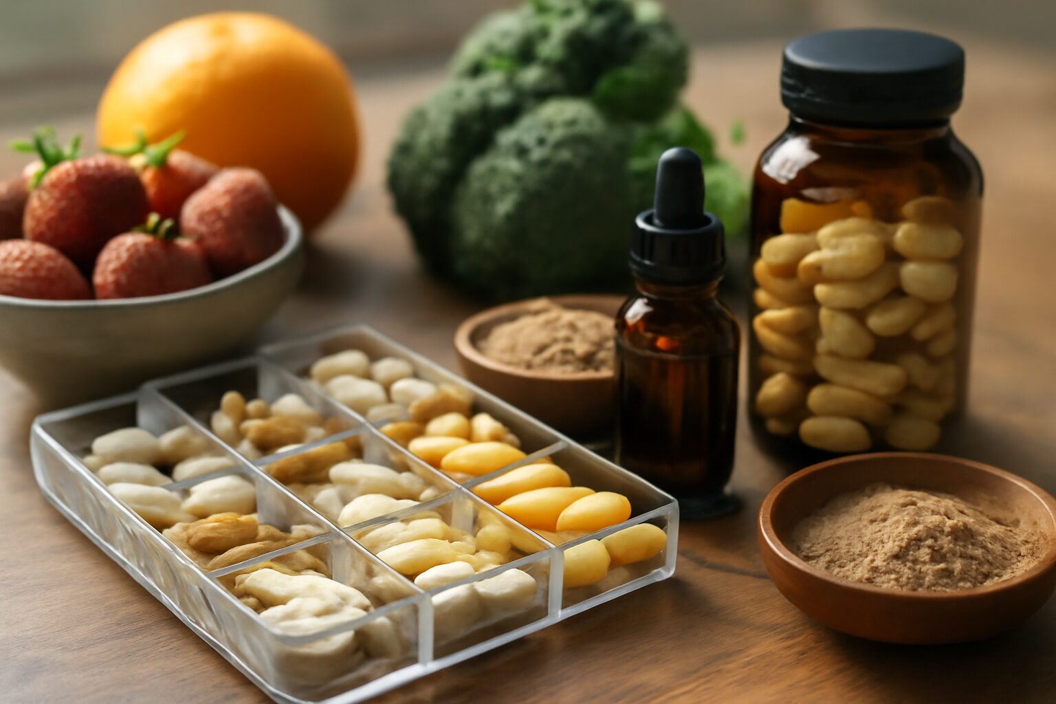 Assorted vitamin supplements including B-complex, vitamin C, and vitamin D, known to help reduce stress and support mental well-being, on a table.