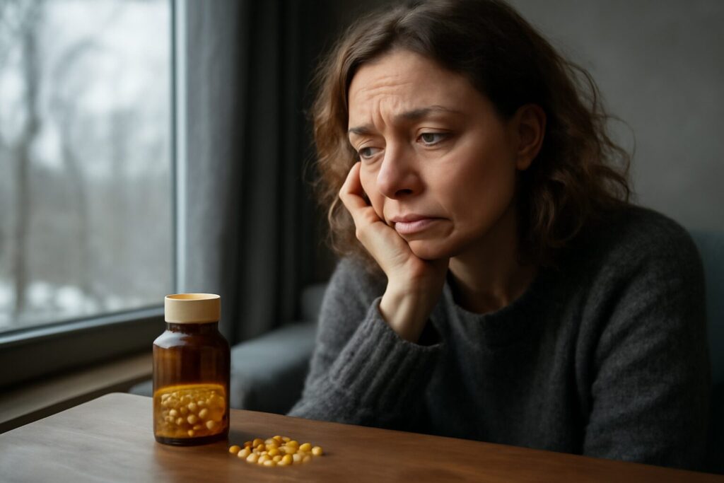 A bottle of vitamin D supplements next to a window with sunlight, symbolizing vitamin D’s role in managing symptoms of seasonal depression.