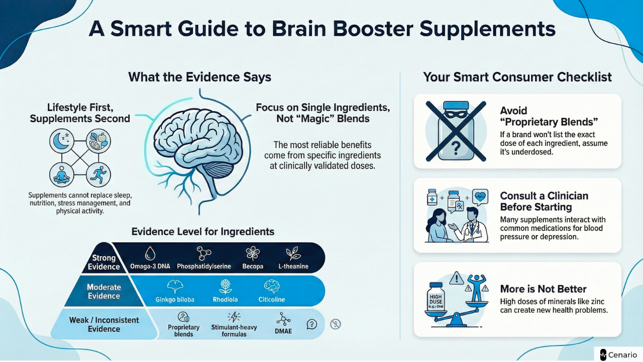 Infographic explaining evidence levels and consumer tips for brain booster supplement
