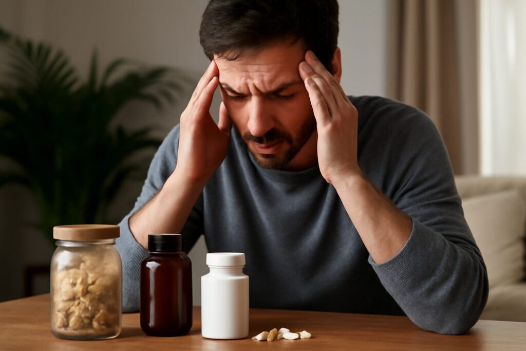 Bottles of natural supplements for anxiety and stress relief, including ashwagandha, magnesium, and L-theanine capsules on a wooden table.