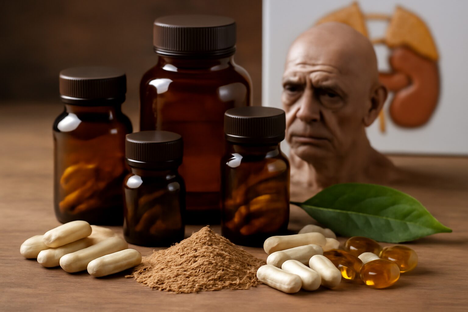 Bottles of natural supplements with labels indicating ingredients like ashwagandha and magnesium, commonly used to help lower cortisol levels.