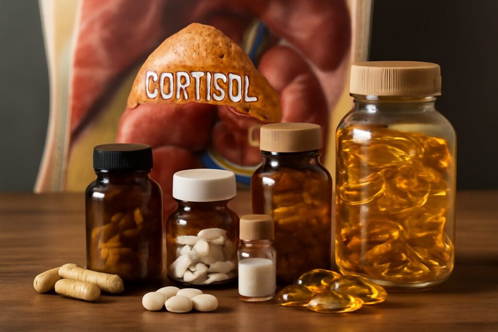 Bottles of natural supplements labeled to lower cortisol, featuring ingredients like ashwagandha and magnesium, arranged on a wooden table.