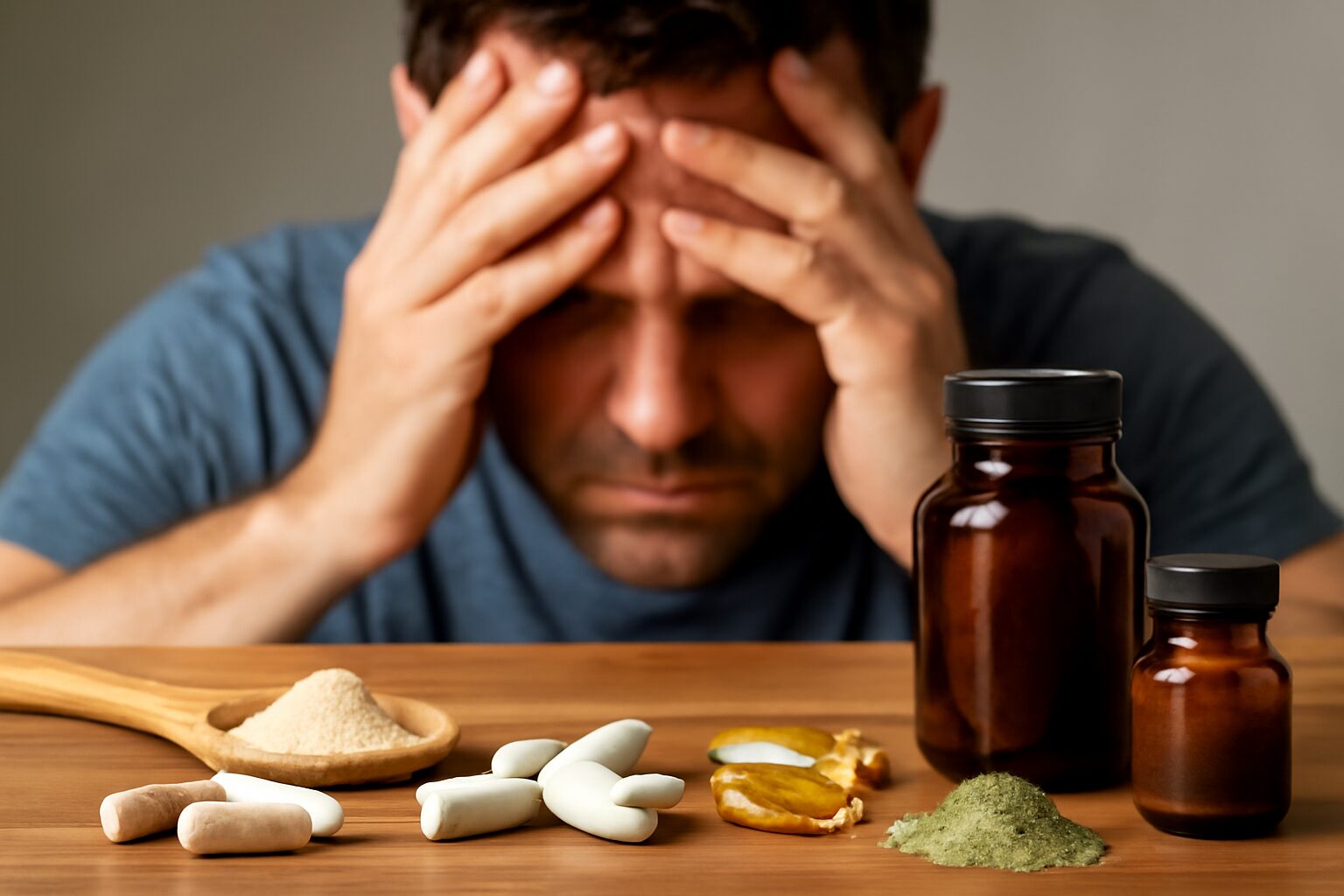 A selection of natural supplements, including ashwagandha, magnesium, and fish oil, commonly used to help lower elevated cortisol levels in the body.