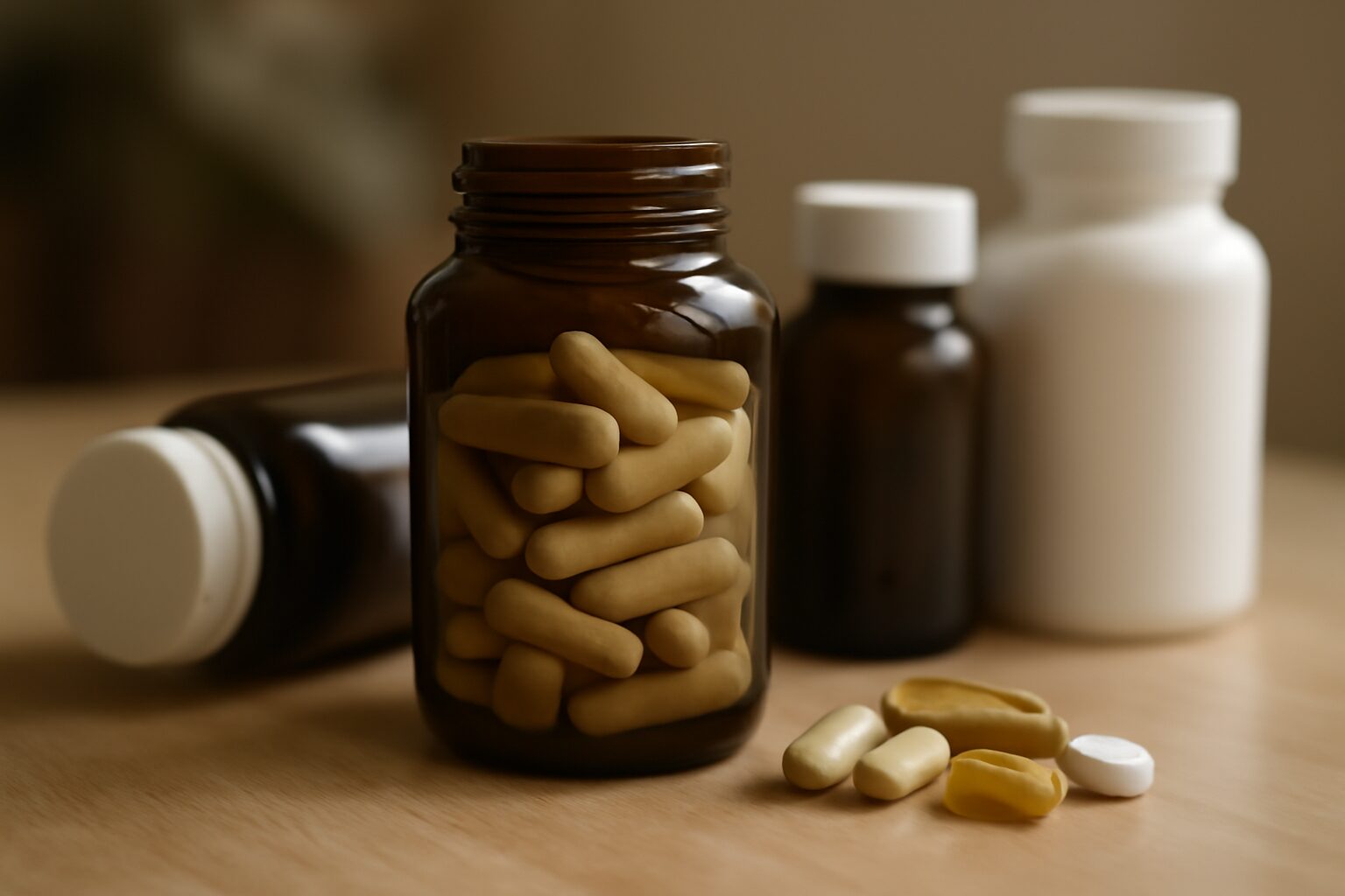 Bottles of top-rated stress relief supplements, including ashwagandha, magnesium, and L-theanine, displayed on a wooden table for stress management.