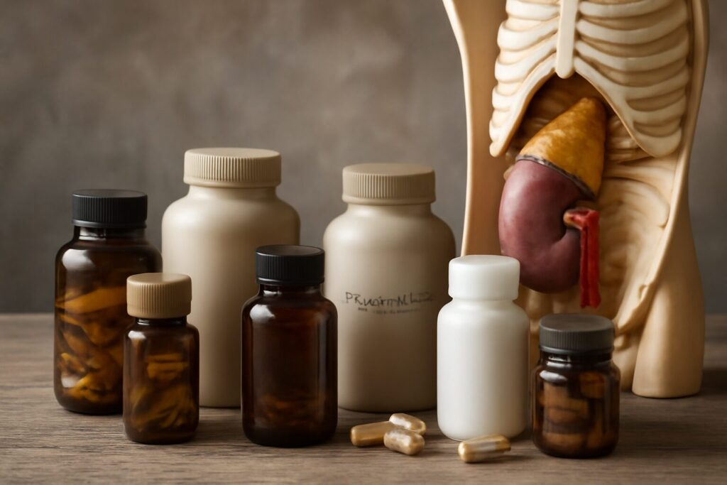 Bottles of natural supplements such as ashwagandha, magnesium, and fish oil, commonly used to help lower cortisol levels and manage stress.