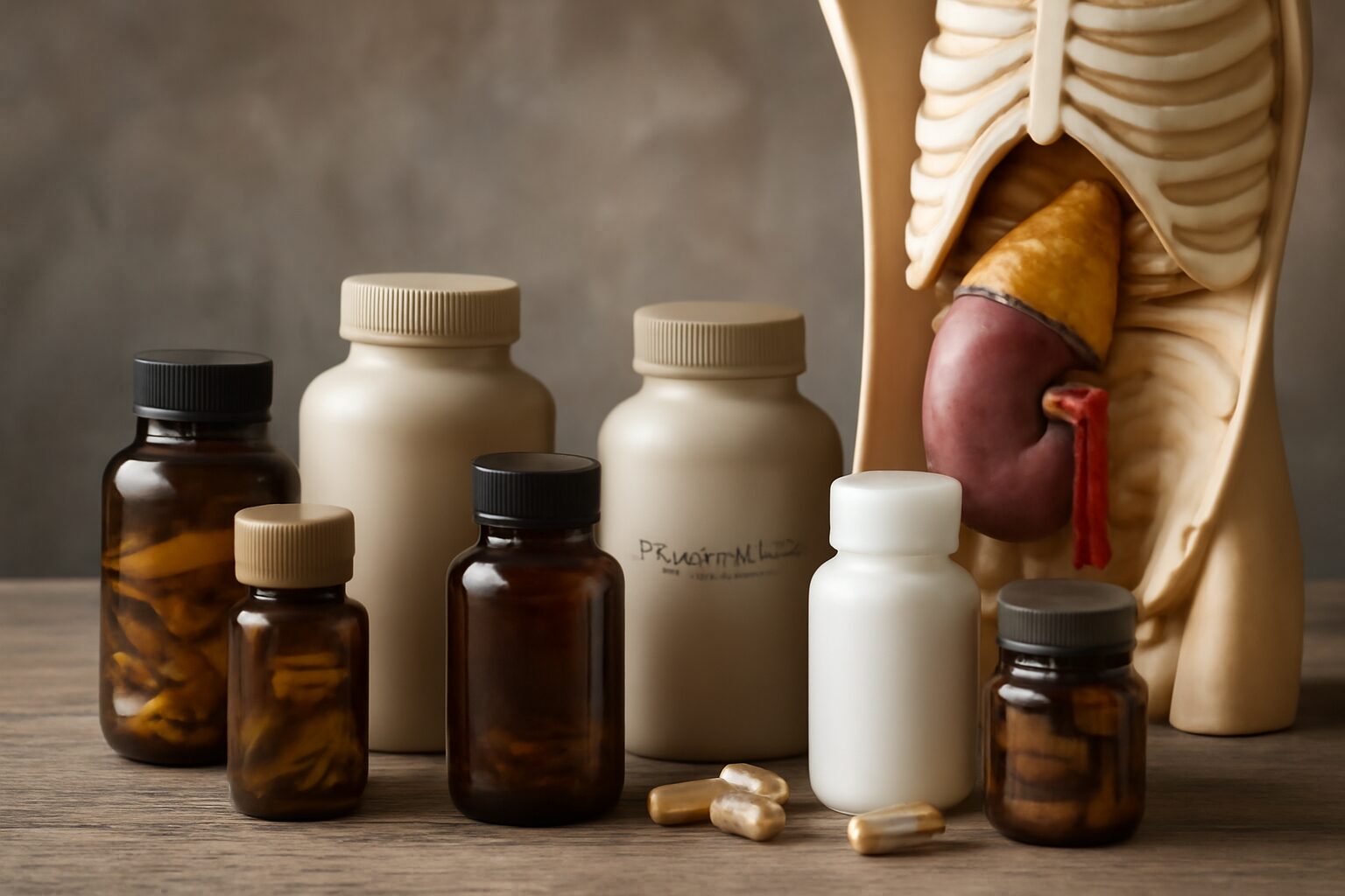 Bottles of natural supplements such as ashwagandha, magnesium, and fish oil, commonly used to help lower cortisol levels and manage stress.