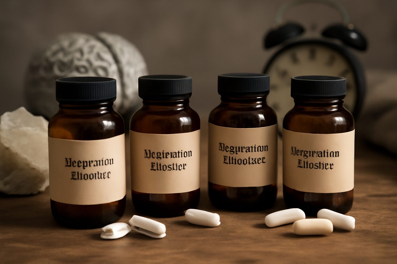 Bottles of magnesium supplements labeled for stress relief, featuring magnesium glycinate and magnesium citrate, displayed on a wooden table with calming decor.