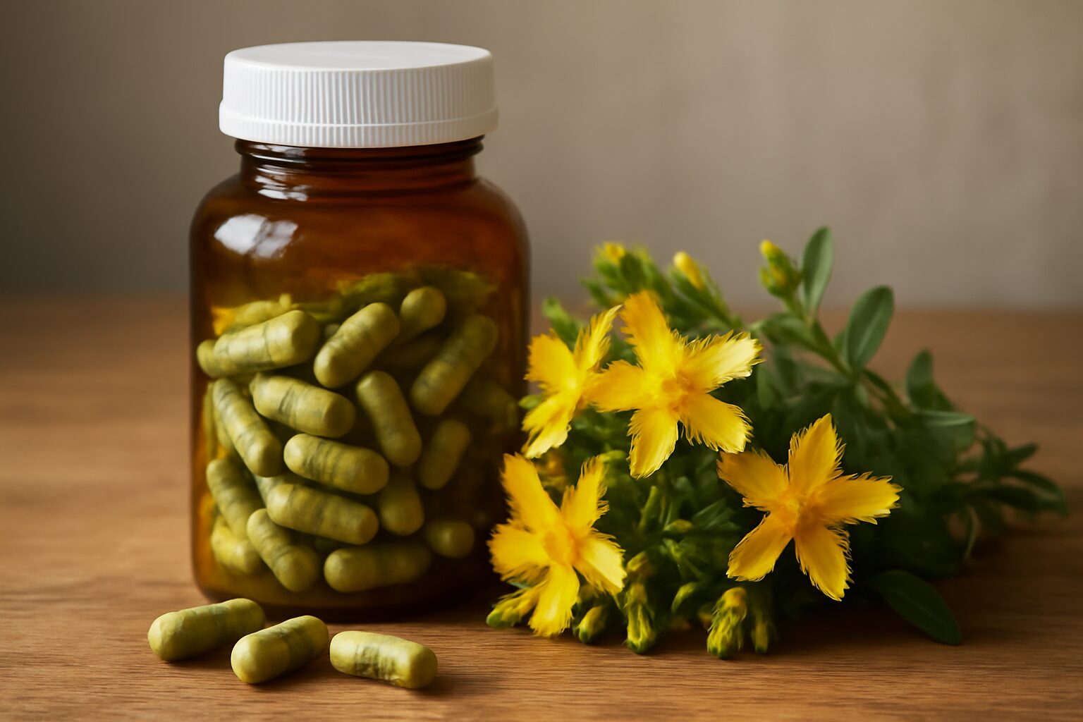 St. John's Wort capsules and a dosage chart illustrating recommended amounts for managing depression and anxiety symptoms naturally.