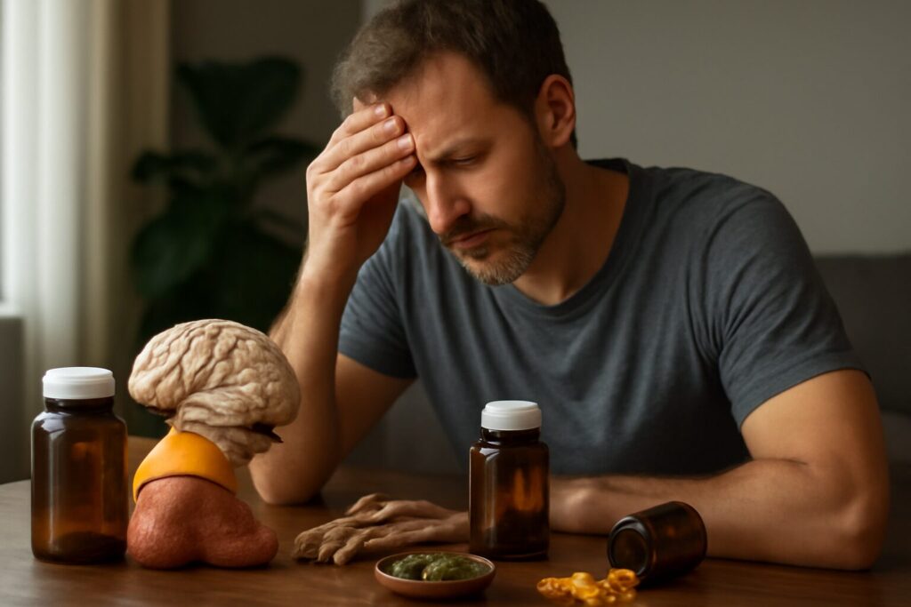 Bottles of top-rated supplements for lowering cortisol, including ashwagandha, phosphatidylserine, and magnesium, arranged on a wooden table.