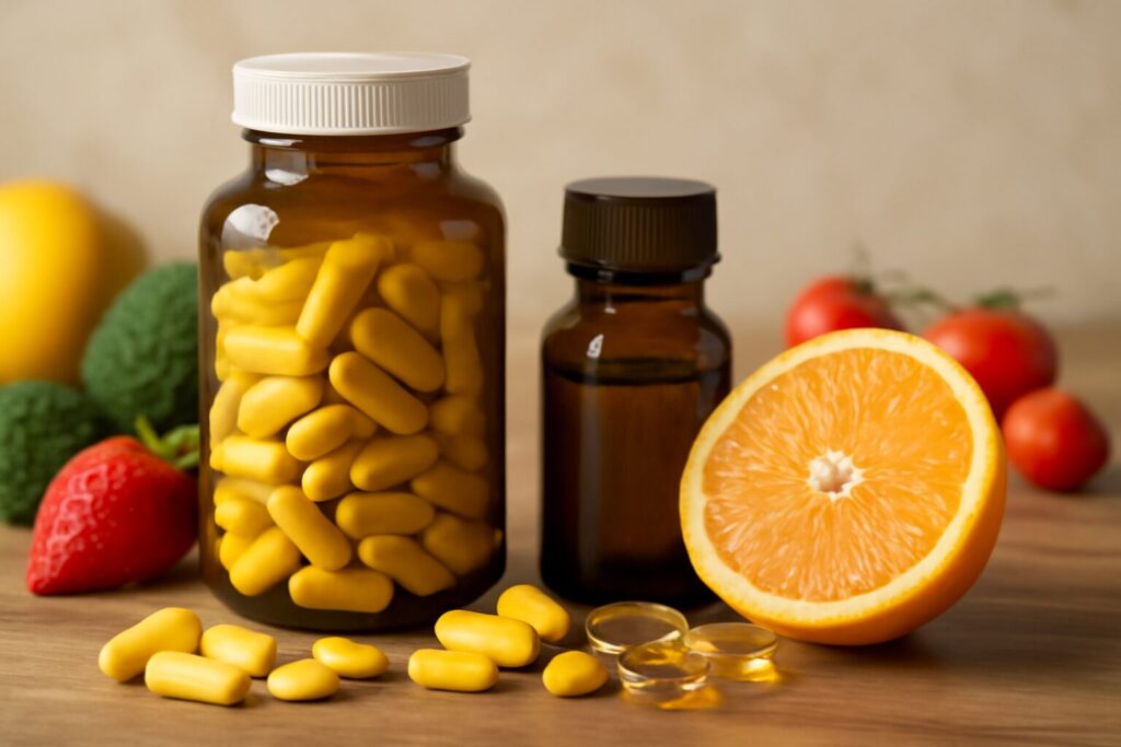 A selection of the best vitamins for stress, including vitamin B complex, vitamin C, and magnesium supplements, arranged on a table with fresh fruits.