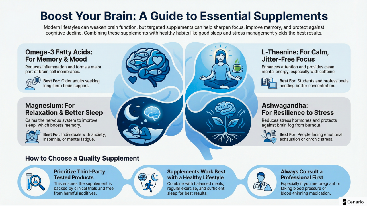 Infographic of essential brain supplements with icons and benefits