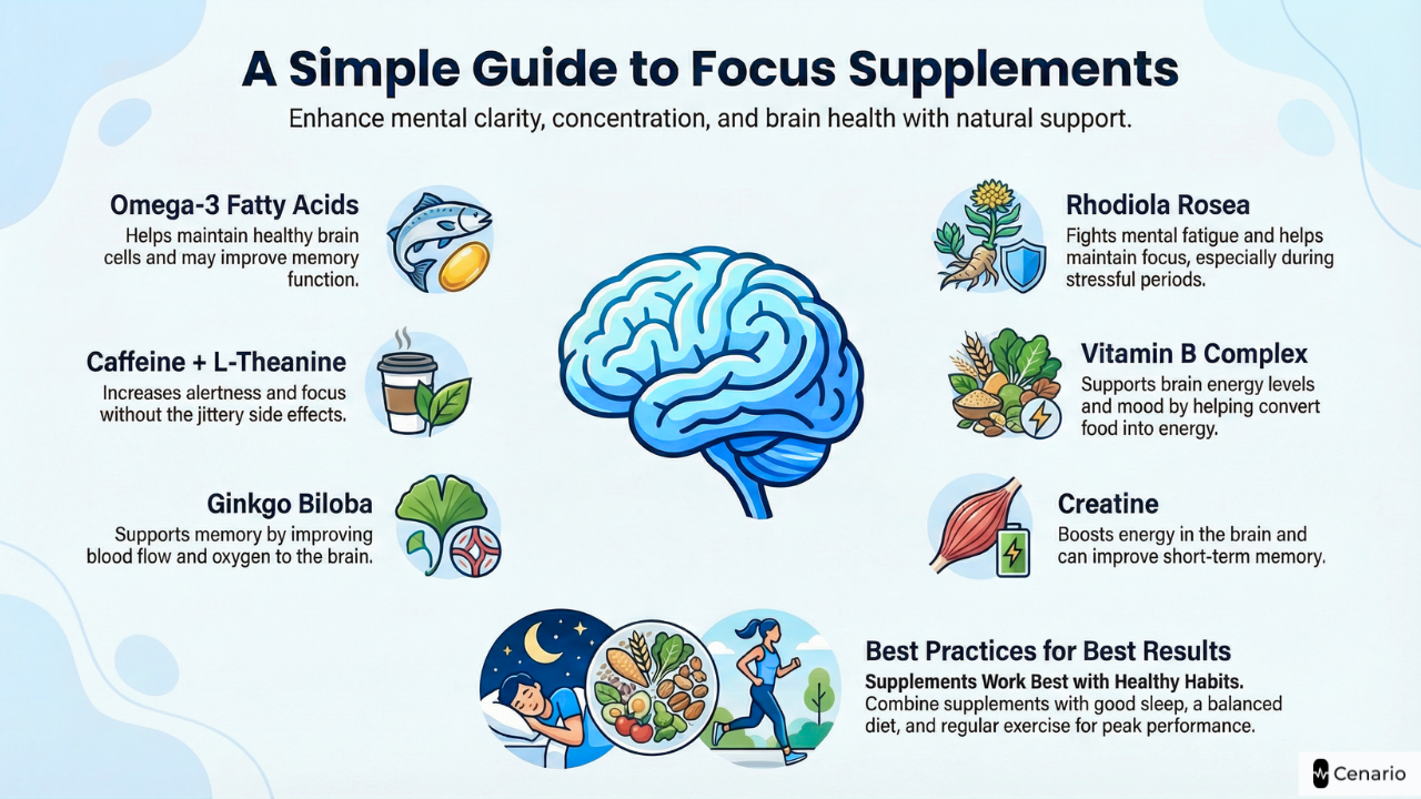 Illustration of brain with focus supplements and benefits