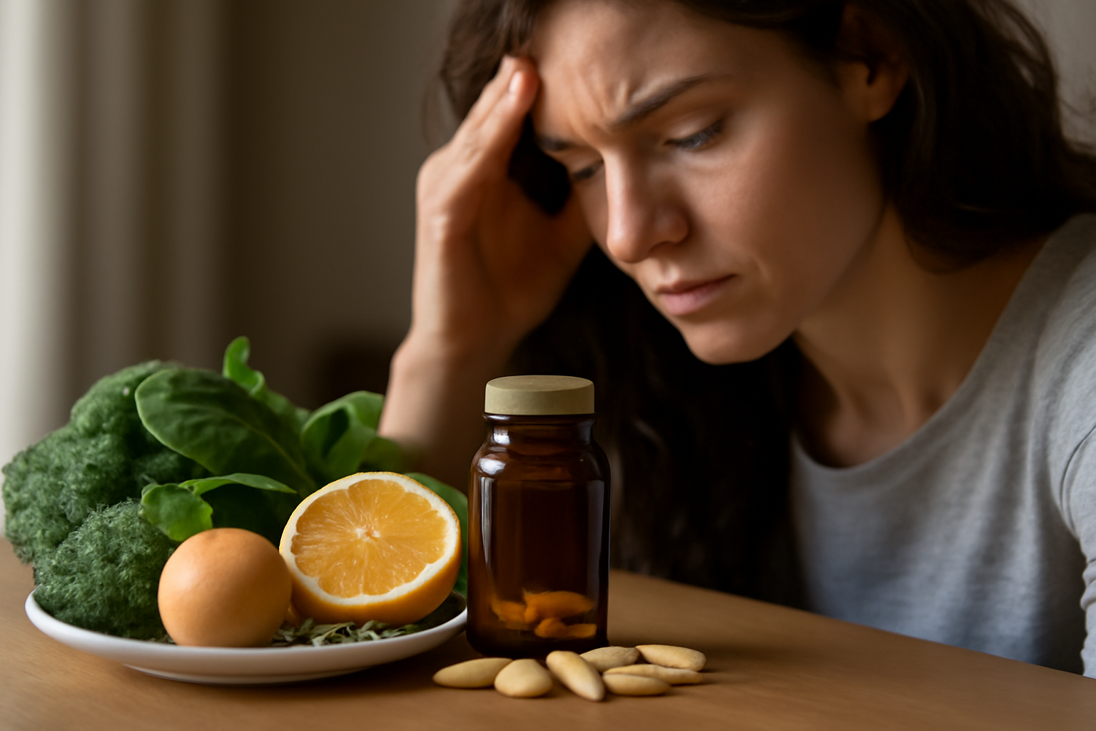 Woman looking worried with folate supplements and leafy greens