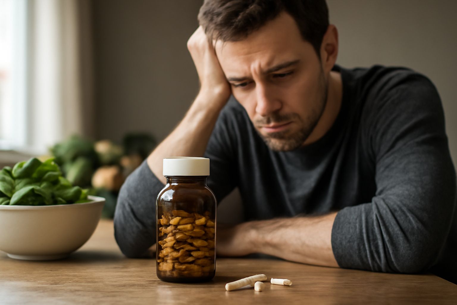Man looking thoughtfully at a bottle of supplements and capsules