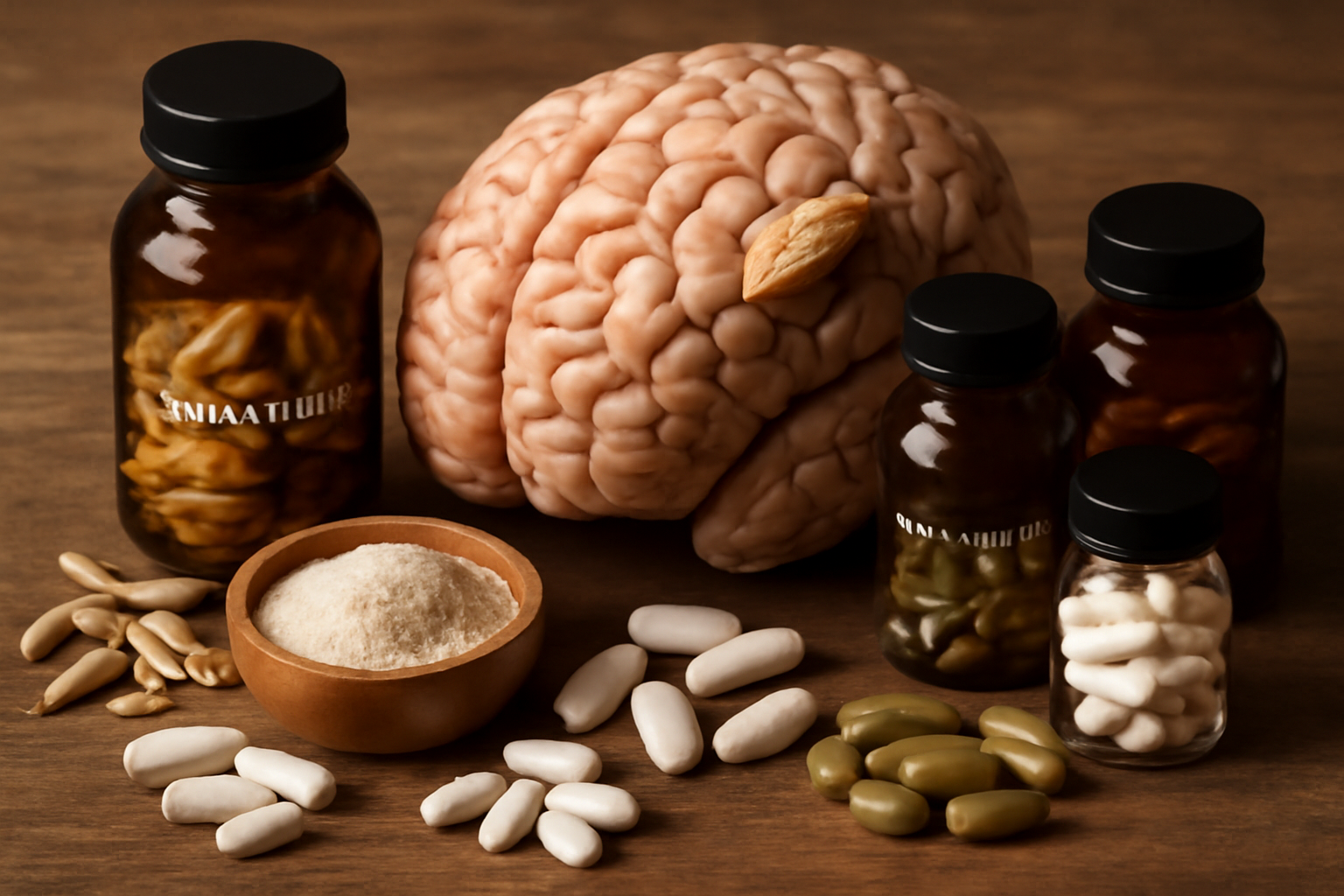 Model brain surrounded by supplement bottles, capsules, and bowl of powder