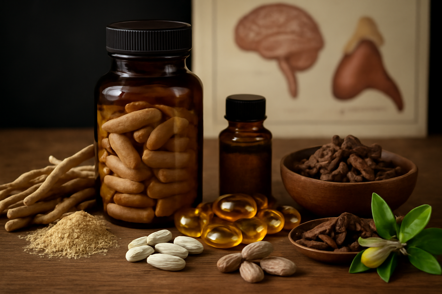 Supplements and natural ingredients on wooden table with brain diagram
