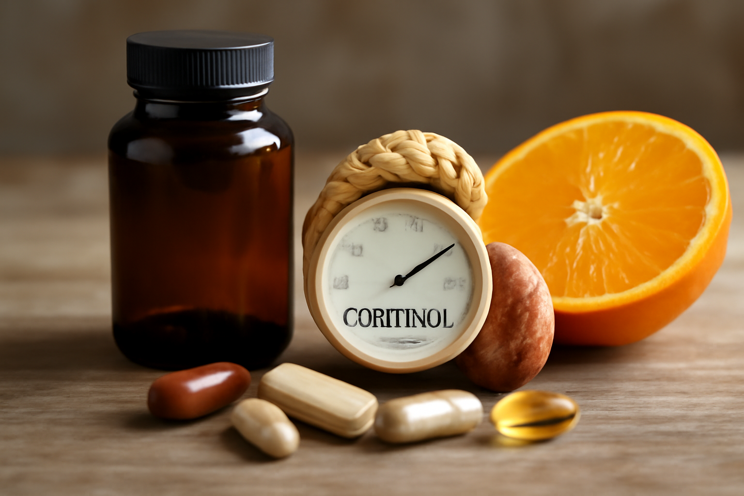 Supplements, a small clock labeled cortisol, and an orange half