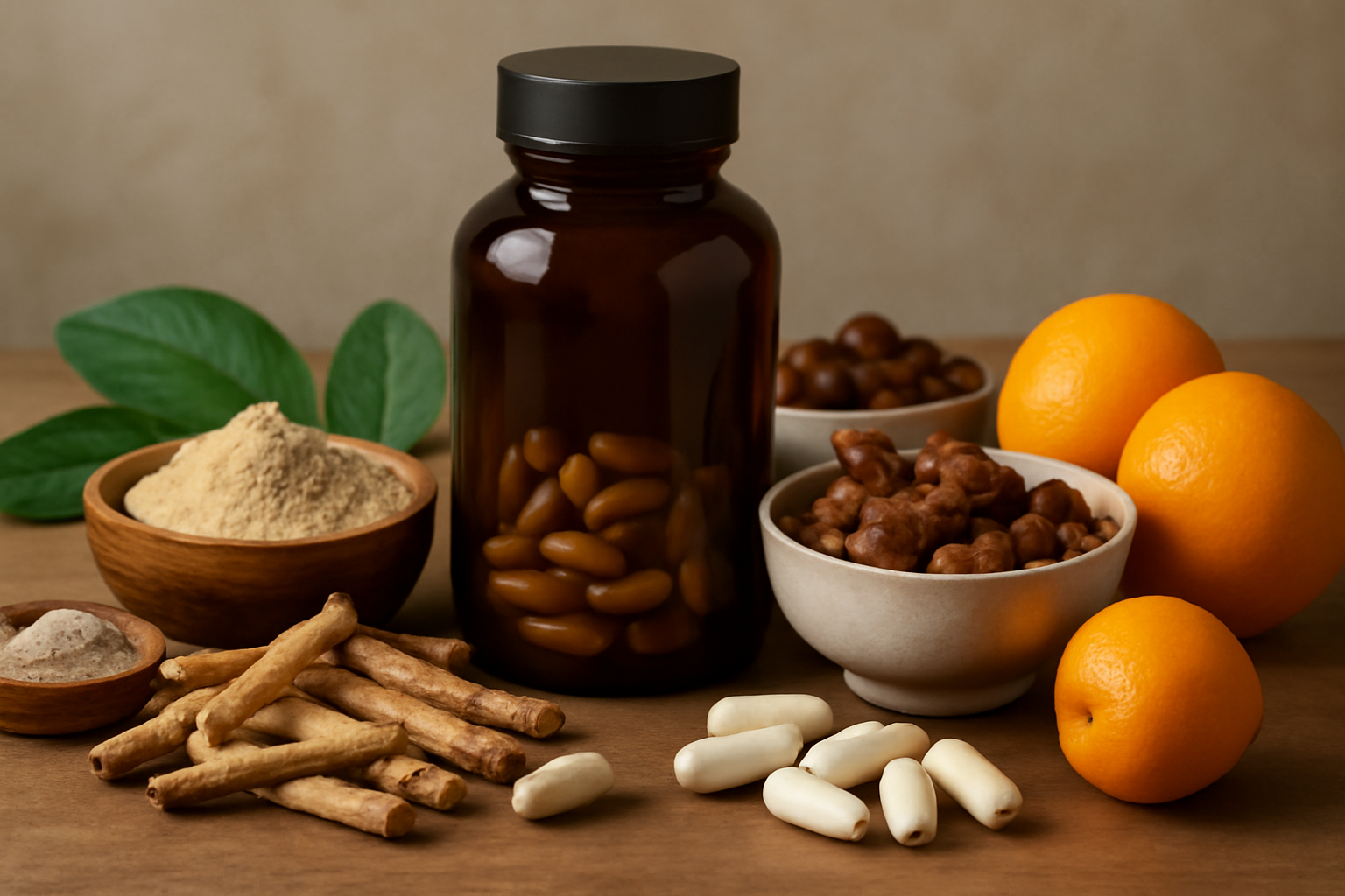 Brown supplement bottle with capsules, powder, nuts, herbs, and oranges