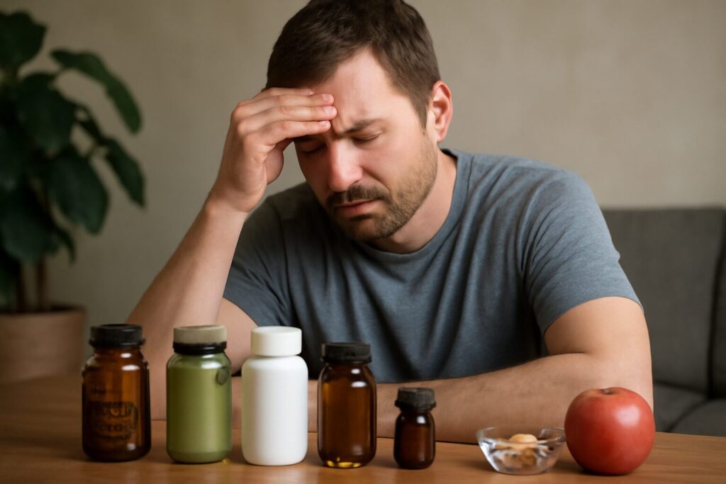 Bottles of natural supplements such as ashwagandha, magnesium, and fish oil arranged on a table to illustrate ways to lower cortisol levels.