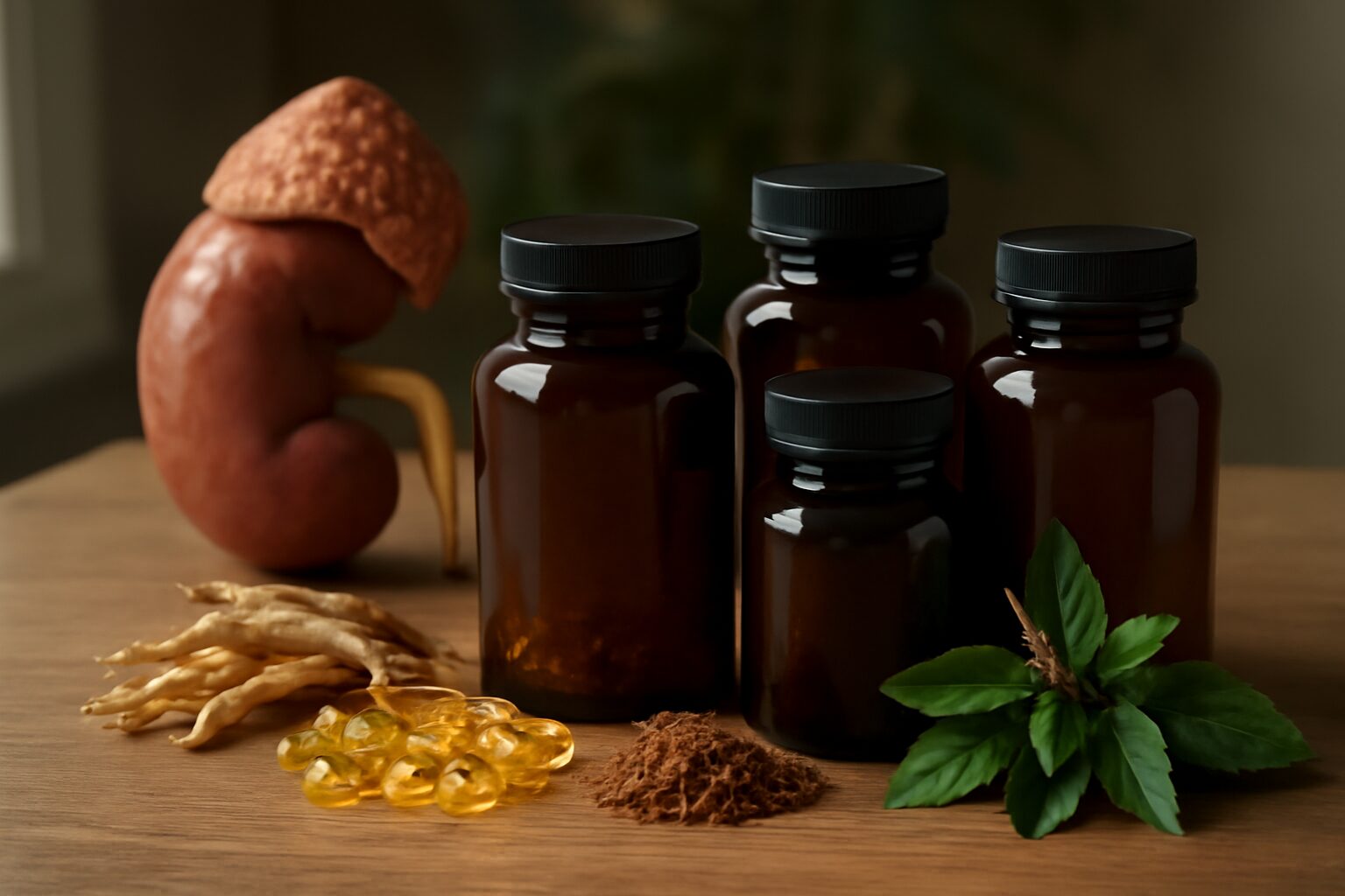 A selection of natural supplements, including ashwagandha, rhodiola, and magnesium, commonly used to help lower cortisol and support stress management.