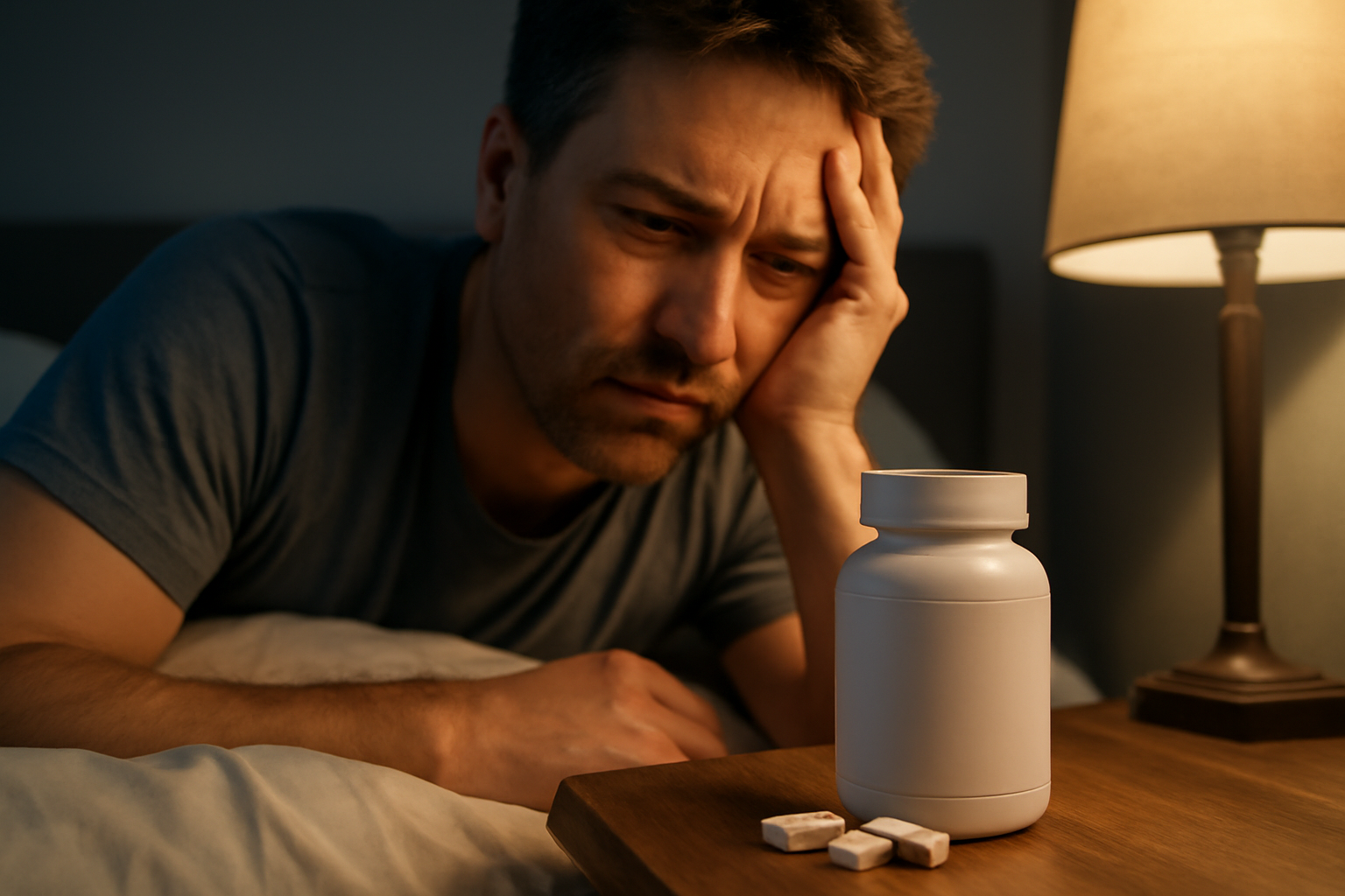 Tired man looking at supplement bottle and pills on nightstand