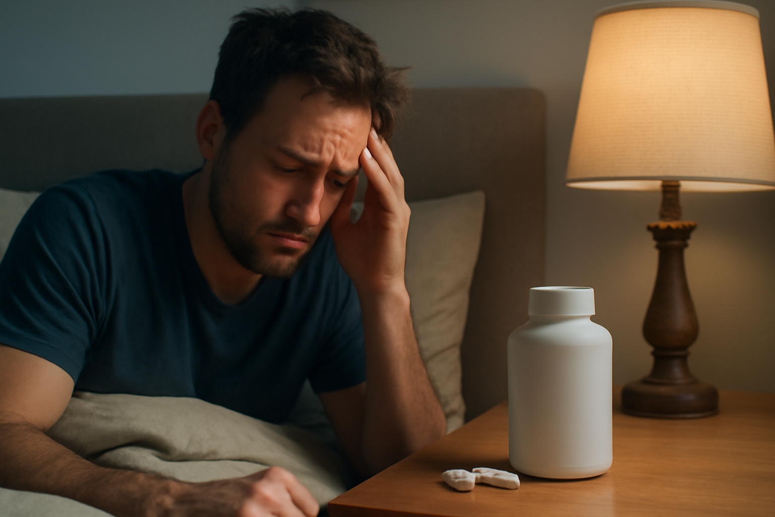 Man sitting in bed looking stressed near supplement bottle and lamp