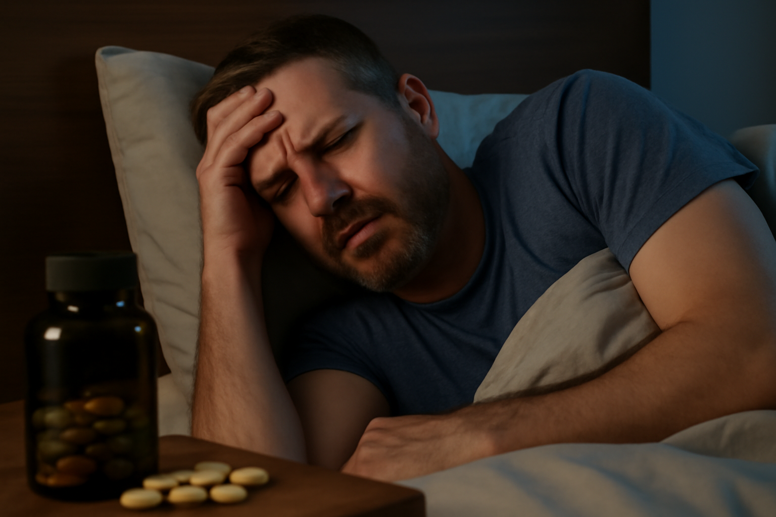 Man lying in bed looking distressed with pills on bedside table