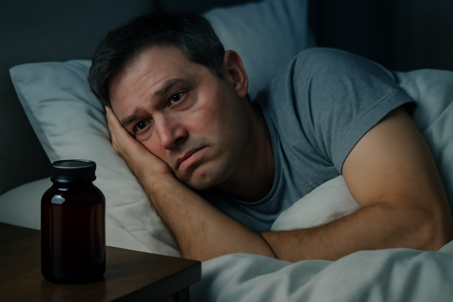 Tired man lying in bed looking at supplement bottle on nightstand