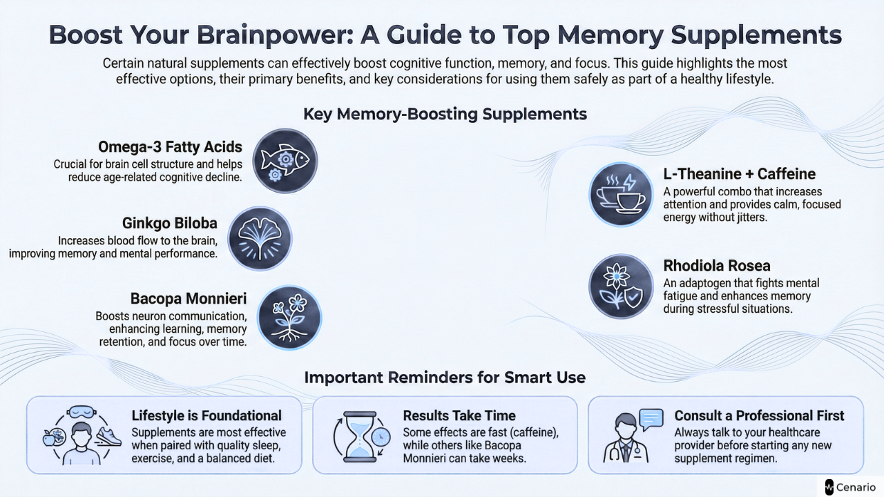 Infographic listing key memory-boosting supplements with usage tips
