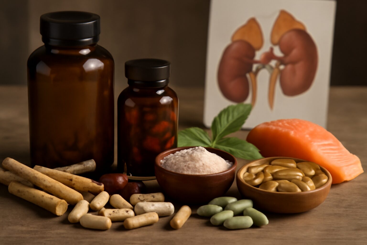 Bottles of natural supplements labeled for lowering cortisol levels, including ashwagandha, rhodiola, and magnesium, arranged on a wooden table.
