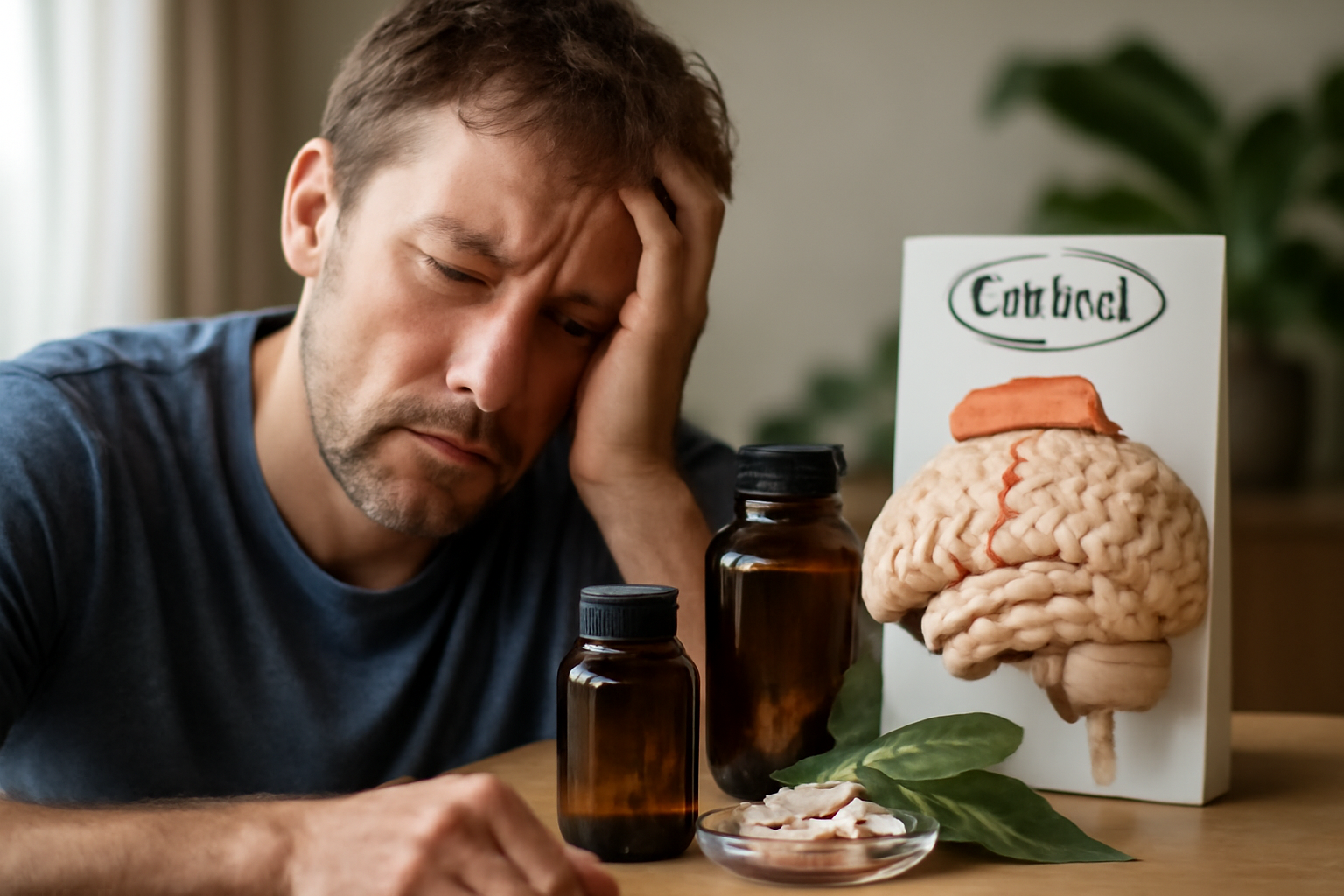 Man with headache beside bottles and brain model labeled cortisol