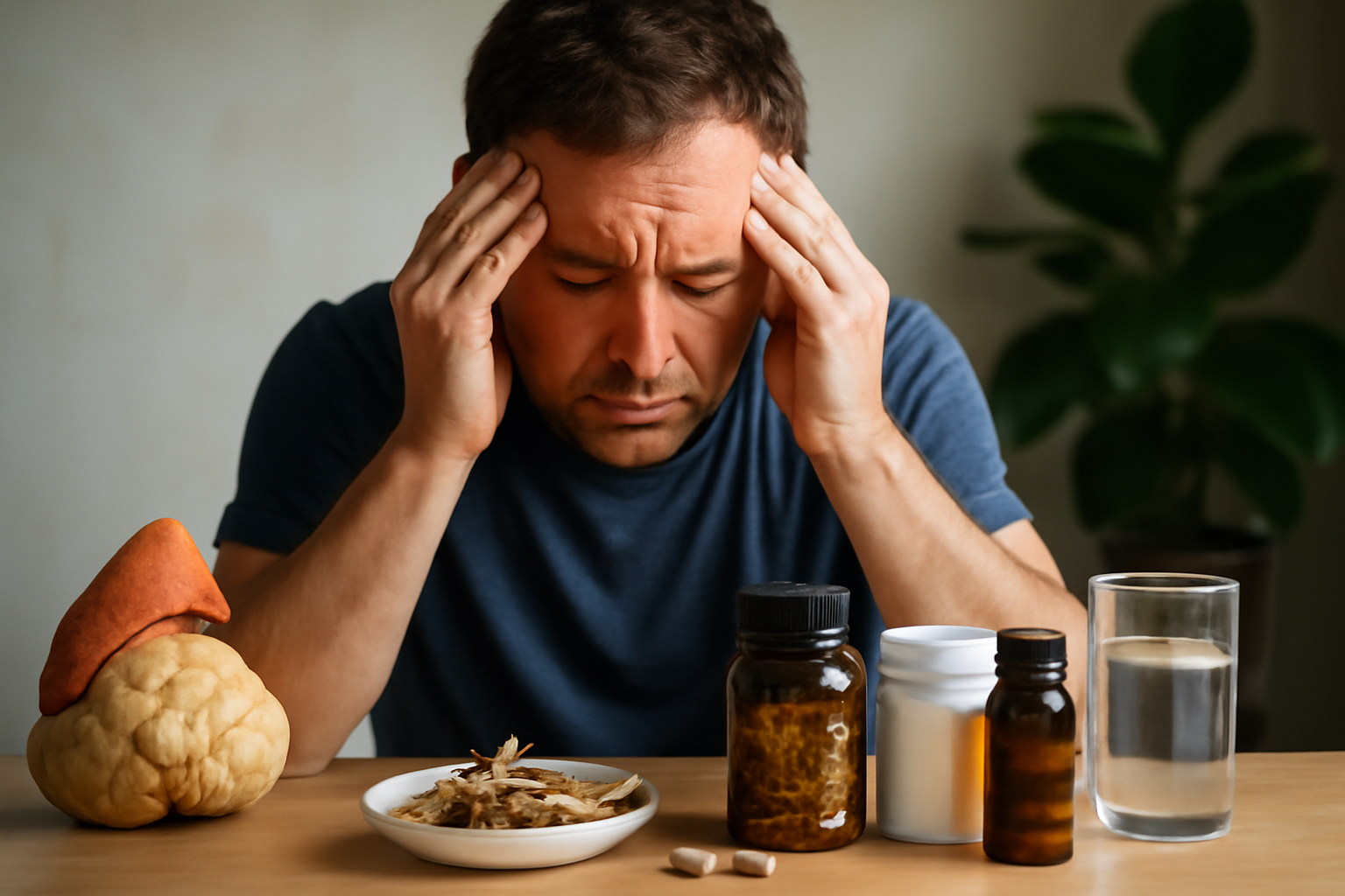 Man holding head with natural supplements and glass of water on table