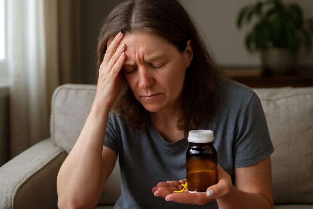 A bottle of omega-3 supplements placed next to a notebook labeled "Bipolar Depression Treatment" on a wooden table.