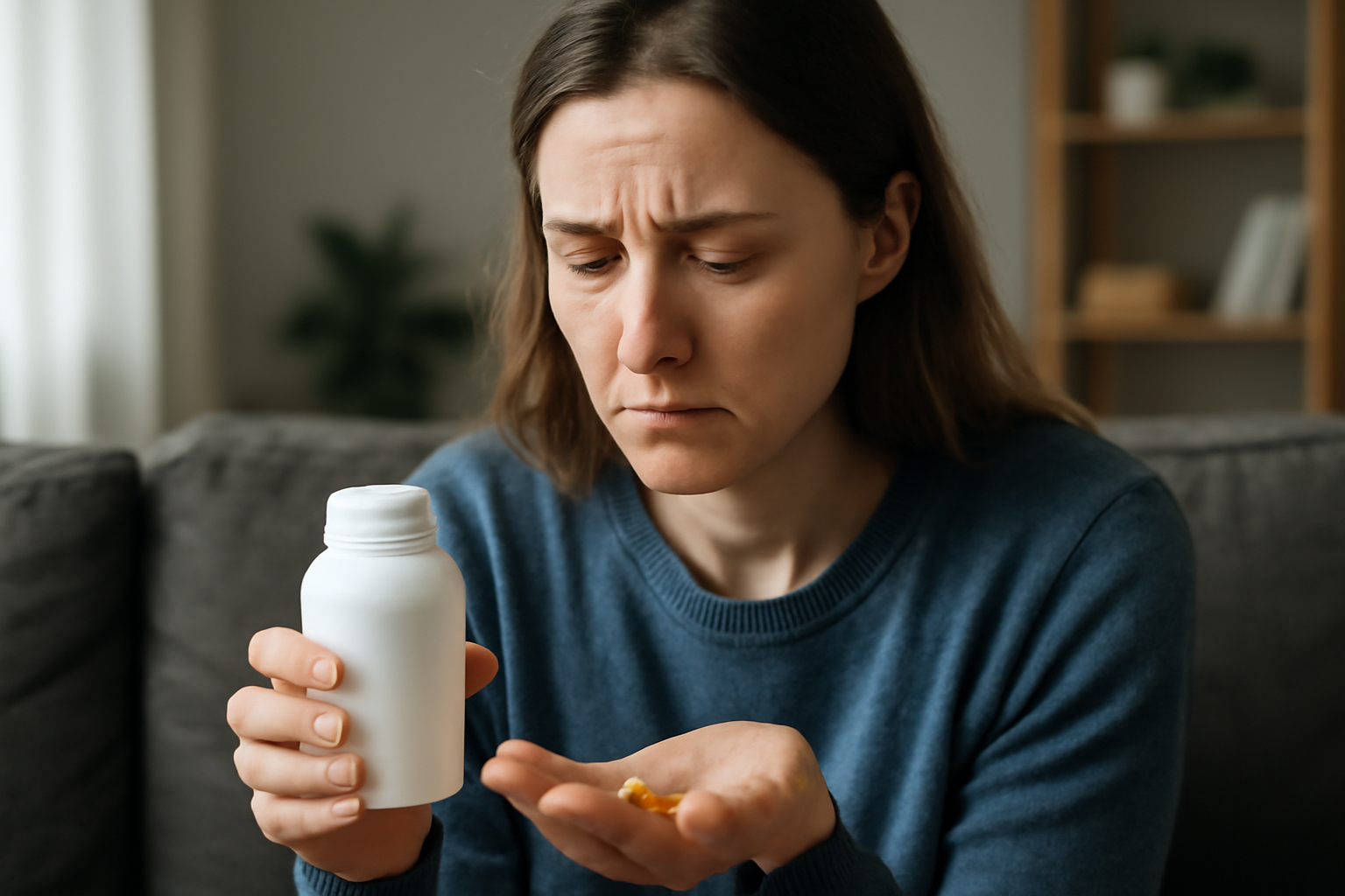 Woman looking thoughtfully at capsules from a white bottle