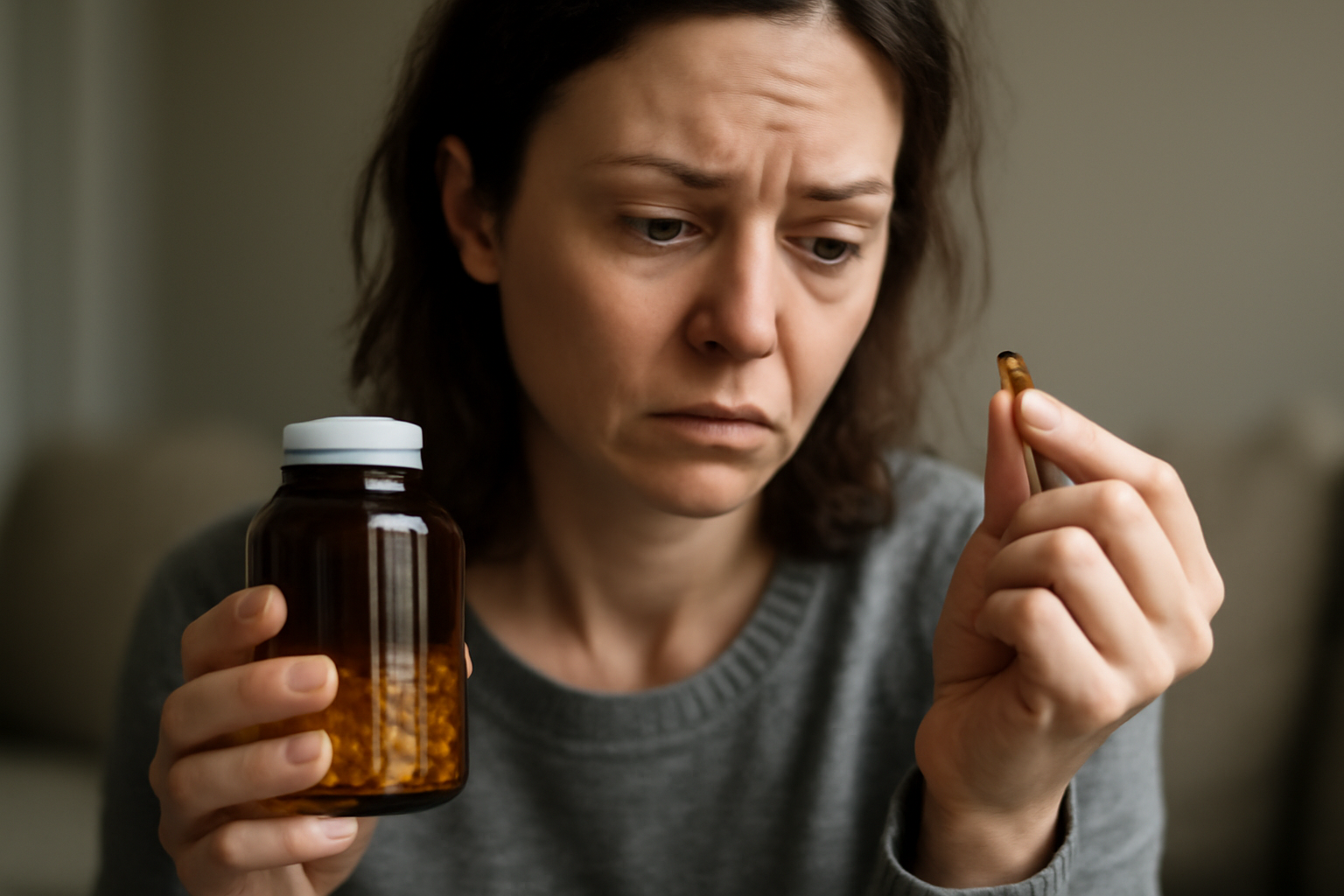 Woman holding capsule and pill bottle looking concerned