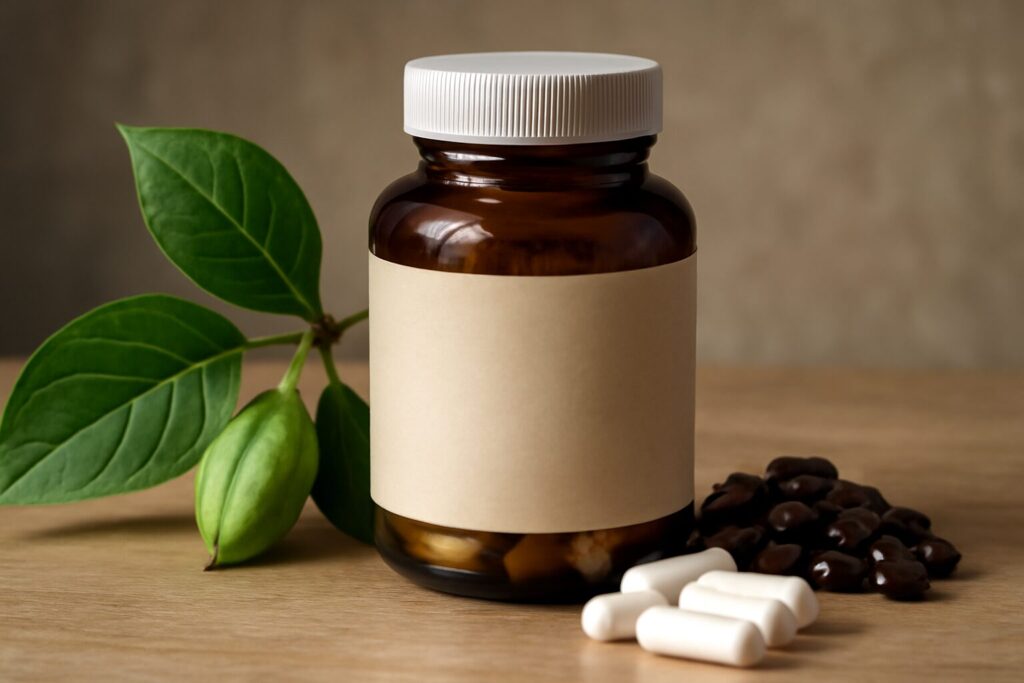 A bottle of 5-HTP supplement with dosage instructions for managing symptoms of depression and anxiety, placed on a white background.