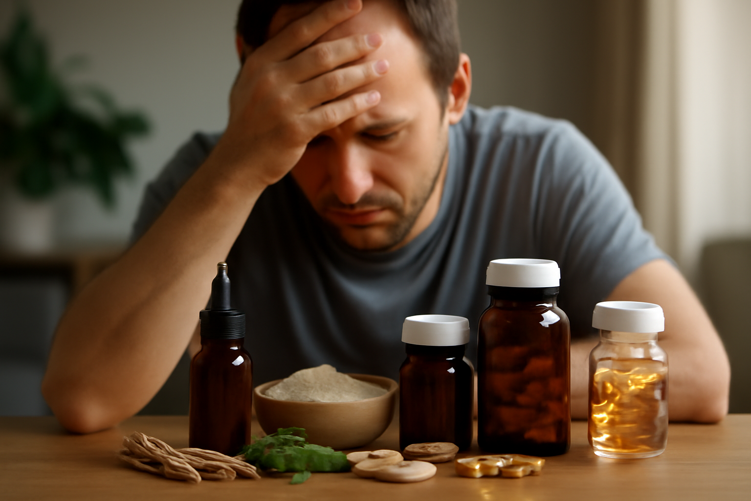 Man looking stressed with various supplement bottles and herbs on table