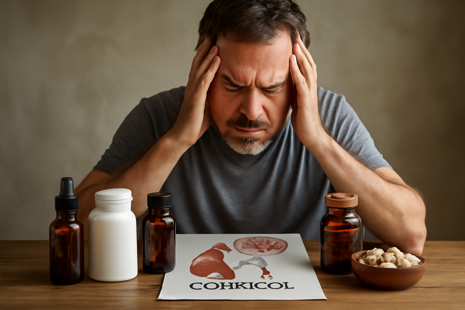 Man holding head stressed with supplements and cortisol diagram on table